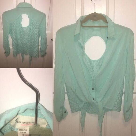 Vince Camuto Aqua Blue Collar Shirt w open back - Picture 2 of 4
